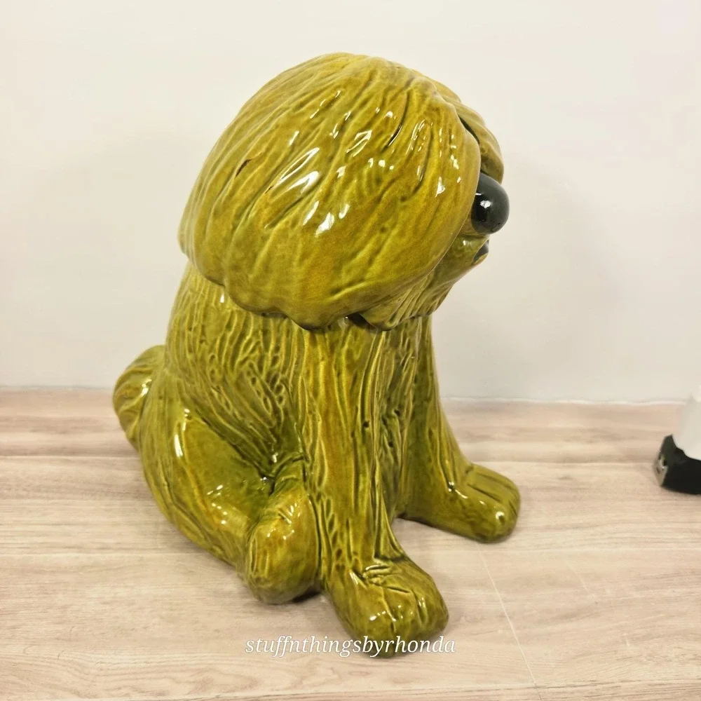 Vintage 1970s MCM Avacado Green Sheepdog Cookie Jar By Doranne of California